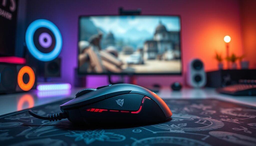 A close-up view of a high-performance gaming mouse on a sleek, modern gaming desk. The background features a dimly lit gaming room with RGB LED lights softly illuminating the area, creating an intense atmosphere suitable for competitive gaming. In the foreground, the mouse is positioned on a large mouse pad displaying intricate gaming graphics, showcasing its precise DPI settings and advanced polling rate features. The scene captures a sense of focus and determination, emphasizing the importance of mouse settings for FPS gaming. A blurred-out monitor displays a popular first-person shooter game, hinting at the strategic gameplay involved. The lighting is dramatic, highlighting the contours of the mouse, and the angle is slightly above eye level to draw attention to the intricate technical details and overall setup. A close-up view of a high-performance gaming mouse on a sleek, modern gaming desk. The background features a dimly lit gaming room with RGB LED lights softly illuminating the area, creating an intense atmosphere suitable for competitive gaming. In the foreground, the mouse is positioned on a large mouse pad displaying intricate gaming graphics, showcasing its precise DPI settings and advanced polling rate features. The scene captures a sense of focus and determination, emphasizing the importance of mouse settings for FPS gaming. A blurred-out monitor displays a popular first-person shooter game, hinting at the strategic gameplay involved. The lighting is dramatic, highlighting the contours of the mouse, and the angle is slightly above eye level to draw attention to the intricate technical details and overall setup.