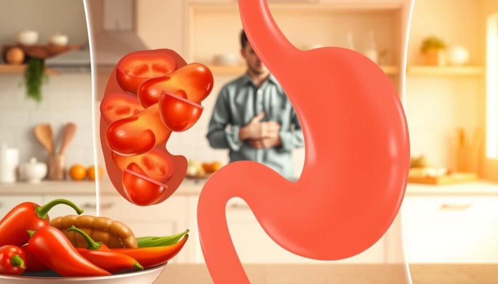 A close-up view of a human stomach illustrated in a semi-transparent style, showcasing various factors contributing to gastric acidity. In the foreground, depict foods like spicy peppers and tomato sauce, symbolizing dietary triggers. In the middle ground, show a person dressed in casual modest clothing, looking concerned while holding their stomach, emphasizing the discomfort caused by acid reflux. The background should feature a blurred kitchen setting, with hints of common culinary items that contribute to heartburn. Use warm, natural lighting to create a relatable, inviting atmosphere. The image should evoke a sense of caution and awareness about stomach health, focusing on prevention and understanding of gastric issues.