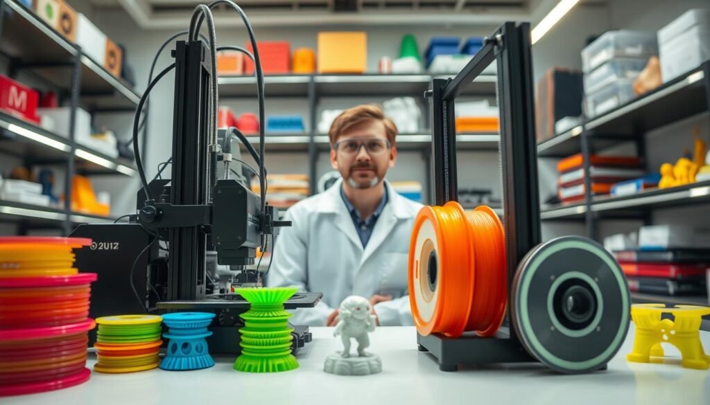 A close-up view of advanced 3D printing technology in a professional lab environment. In the foreground, a high-tech 3D printer is actively crafting an intricate object using novel materials specifically designed for specialized applications. Show vibrant, colorful filament spools stacked neatly beside the printer. In the middle ground, a researcher, wearing a lab coat and safety goggles, observes the printing process with a look of concentration and excitement. The background should feature shelves filled with various 3D printed prototypes and materials, illuminated by soft, focused LED lighting to create a futuristic atmosphere. Use a shallow depth of field to emphasize the printer and researcher while slightly blurring the background, imparting a sense of innovation and professionalism in the realm of material advancement in 3D printing. A close-up view of advanced 3D printing technology in a professional lab environment. In the foreground, a high-tech 3D printer is actively crafting an intricate object using novel materials specifically designed for specialized applications. Show vibrant, colorful filament spools stacked neatly beside the printer. In the middle ground, a researcher, wearing a lab coat and safety goggles, observes the printing process with a look of concentration and excitement. The background should feature shelves filled with various 3D printed prototypes and materials, illuminated by soft, focused LED lighting to create a futuristic atmosphere. Use a shallow depth of field to emphasize the printer and researcher while slightly blurring the background, imparting a sense of innovation and professionalism in the realm of material advancement in 3D printing.