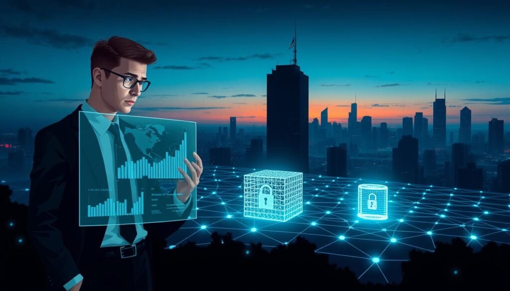 A conceptual illustration of cryptocurrency security challenges, featuring a digital landscape. In the foreground, a worried professional in business attire interacts with a holographic display showing fluctuating cryptocurrency graphs and security alerts. The middle ground includes digital vaults and firewalls, represented as glowing grids silhouetted against an intricate network of interconnected nodes symbolizing the blockchain. In the background, a cityscape with towering skyscrapers is subtly illuminated by a twilight sky, creating a sense of urgency and seriousness around the risks involved in digital currency. The lighting is moody, using cool blue tones to convey tension and caution, while soft lens flares add a high-tech feel to the composition. The overall atmosphere signifies the importance of safeguarding cryptocurrency assets amid rising threats. A conceptual illustration of cryptocurrency security challenges, featuring a digital landscape. In the foreground, a worried professional in business attire interacts with a holographic display showing fluctuating cryptocurrency graphs and security alerts. The middle ground includes digital vaults and firewalls, represented as glowing grids silhouetted against an intricate network of interconnected nodes symbolizing the blockchain. In the background, a cityscape with towering skyscrapers is subtly illuminated by a twilight sky, creating a sense of urgency and seriousness around the risks involved in digital currency. The lighting is moody, using cool blue tones to convey tension and caution, while soft lens flares add a high-tech feel to the composition. The overall atmosphere signifies the importance of safeguarding cryptocurrency assets amid rising threats.