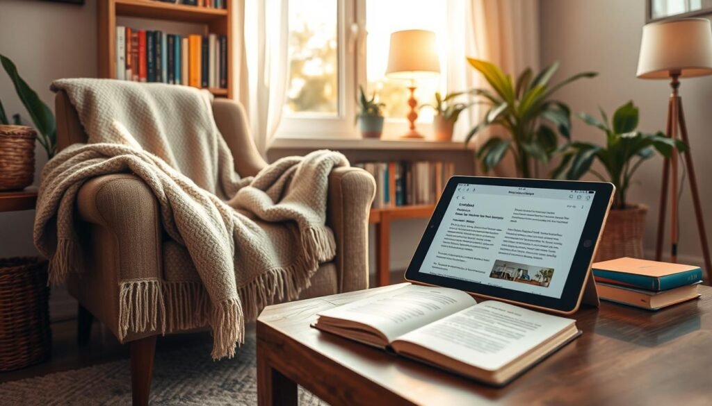A cozy, inviting reading nook featuring a comfortable armchair adorned with a soft throw blanket, alongside a small bookshelf filled with vibrant book covers. On a coffee table, an open tablet displaying a user-friendly online reading application interface is visible, showcasing an elegant, minimalist design. Sunlight filters through a nearby window, creating a warm and tranquil atmosphere. The room is decorated with lush indoor plants and warm wooden accents. In the background, a softly lit lamp adds a touch of ambiance, suggesting a perfect space for literature lovers. Use soft focus to emphasize the peaceful mood, and capture this scene from eye level to immerse the viewer in the inviting experience of reading online. A cozy, inviting reading nook featuring a comfortable armchair adorned with a soft throw blanket, alongside a small bookshelf filled with vibrant book covers. On a coffee table, an open tablet displaying a user-friendly online reading application interface is visible, showcasing an elegant, minimalist design. Sunlight filters through a nearby window, creating a warm and tranquil atmosphere. The room is decorated with lush indoor plants and warm wooden accents. In the background, a softly lit lamp adds a touch of ambiance, suggesting a perfect space for literature lovers. Use soft focus to emphasize the peaceful mood, and capture this scene from eye level to immerse the viewer in the inviting experience of reading online.