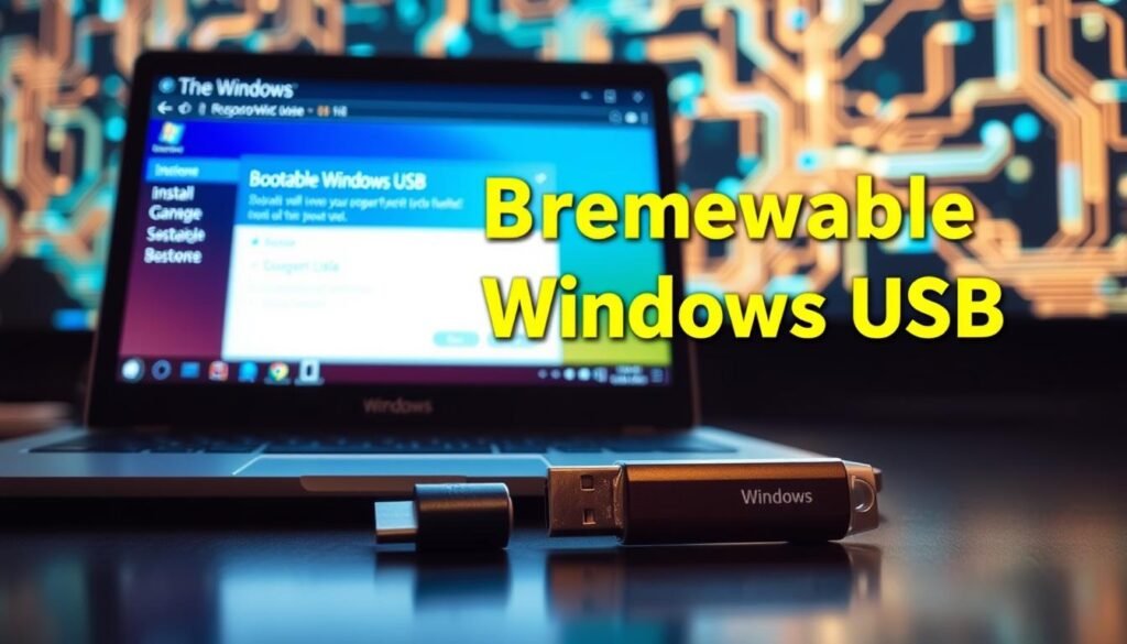 A detailed workspace featuring a modern laptop and a USB flash drive, showcasing the process of creating a bootable Windows USB. In the foreground, the laptop screen displays a clear and vibrant interface of Windows installation software, with visible progress bars and options. The flash drive is placed next to the laptop, illuminated by soft, warm lighting that highlights its sleek design. In the background, a blurred digital background displays abstract representations of data flow and computer circuitry to emphasize technology. The overall atmosphere is focused and professional, with a feeling of clarity and productivity. The image captures the essence of a beginner-friendly technology tutorial, without any text or distractions. A detailed workspace featuring a modern laptop and a USB flash drive, showcasing the process of creating a bootable Windows USB. In the foreground, the laptop screen displays a clear and vibrant interface of Windows installation software, with visible progress bars and options. The flash drive is placed next to the laptop, illuminated by soft, warm lighting that highlights its sleek design. In the background, a blurred digital background displays abstract representations of data flow and computer circuitry to emphasize technology. The overall atmosphere is focused and professional, with a feeling of clarity and productivity. The image captures the essence of a beginner-friendly technology tutorial, without any text or distractions.