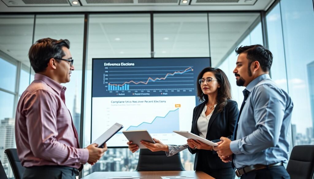 A dynamic scene illustrating the enforcement of electoral ethics, set in a modern conference room. In the foreground, a diverse group of three professionals—two men and one woman—discuss serious matters, all dressed in professional business attire. The woman, holding a tablet, is presenting data, while the men take notes and exchange thoughtful glances. In the middle ground, a large screen displays a graph showing compliance trends over recent elections. The background features sleek glass windows with a cityscape view, flooded with natural light. The atmosphere is focused and serious, conveying a sense of urgency and responsibility in upholding electoral integrity. The angle captures the intensity of the discussion, emphasizing the importance of ethical governance in the electoral process. A dynamic scene illustrating the enforcement of electoral ethics, set in a modern conference room. In the foreground, a diverse group of three professionals—two men and one woman—discuss serious matters, all dressed in professional business attire. The woman, holding a tablet, is presenting data, while the men take notes and exchange thoughtful glances. In the middle ground, a large screen displays a graph showing compliance trends over recent elections. The background features sleek glass windows with a cityscape view, flooded with natural light. The atmosphere is focused and serious, conveying a sense of urgency and responsibility in upholding electoral integrity. The angle captures the intensity of the discussion, emphasizing the importance of ethical governance in the electoral process.