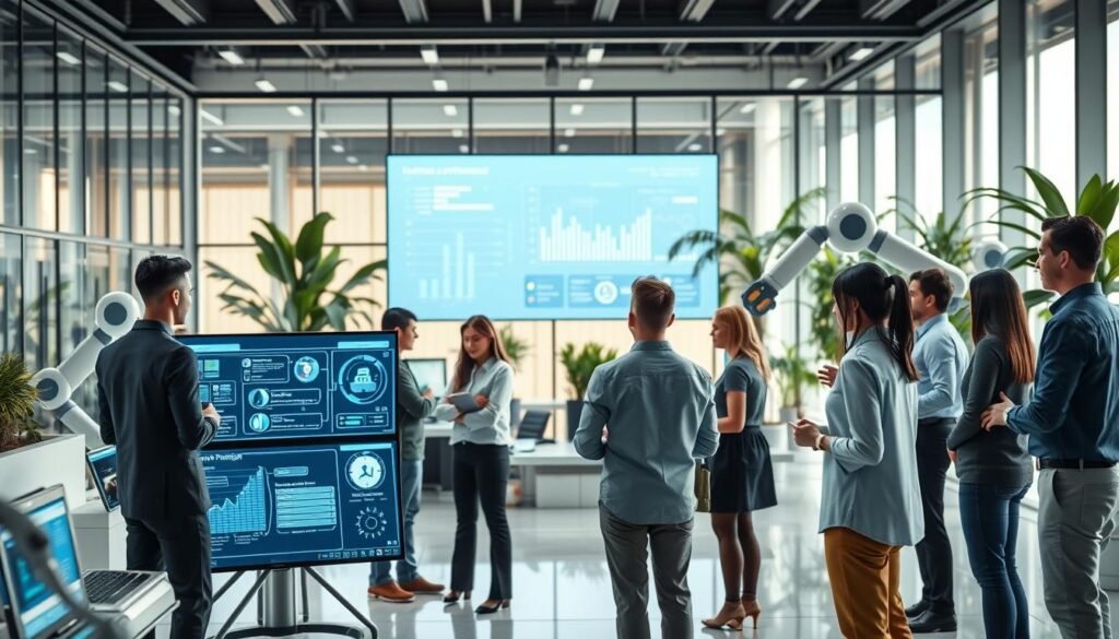 A futuristic enterprise setting showcasing platform automation in action. In the foreground, diverse professionals in smart casual attire are engaged in collaborative discussions around digital dashboards displaying complex workflows and AI analytics. In the middle ground, large interactive screens visualize automation processes with data flowing seamlessly, and robotic arms assist in various tasks, symbolizing efficiency. The background features a sleek, modern office environment with glass walls and greenery, illuminated by soft, natural light streaming through windows. The atmosphere conveys a sense of innovation and productivity, with a hint of aspiration for the future of business automation. The angle is slightly elevated, offering a comprehensive view of the interaction between humans and technology.