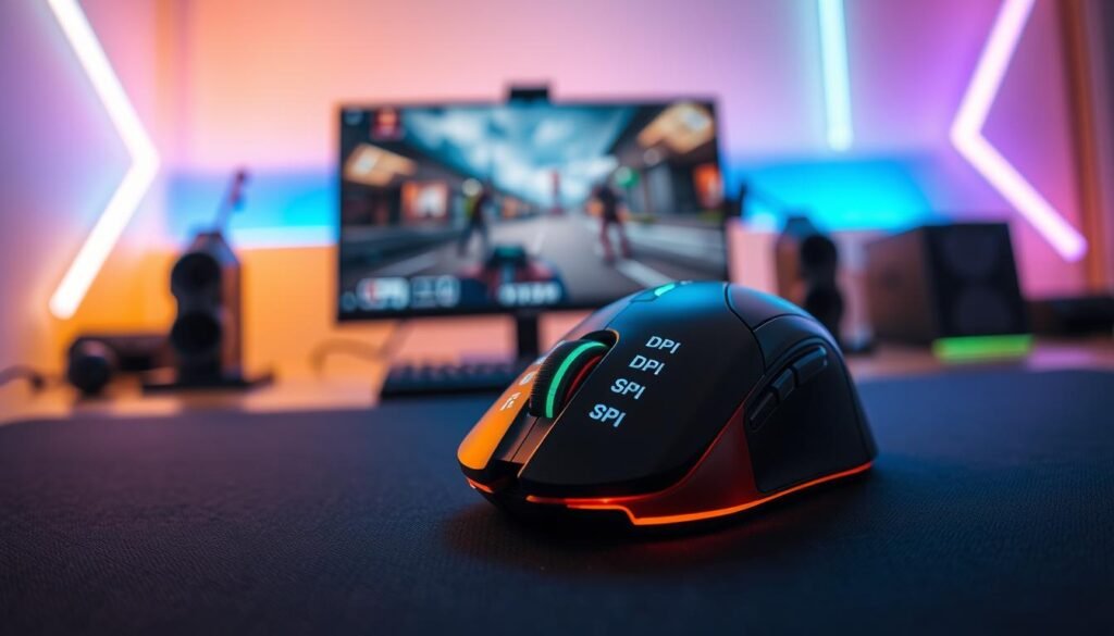 A high-tech gaming setup focused on the optimal DPI setting for first-person shooters, featuring a sleek gaming mouse with illuminated DPI settings displayed on its surface. In the foreground, the mouse is positioned on a modern gaming mousepad with a textured design, highlighting its sensitivity. The middle ground includes a high-resolution monitor displaying an FPS game with vibrant graphics, emphasizing precision and accuracy. The background is softly lit, with ambient LED lights creating a dynamic atmosphere, reflecting a typical gamer’s environment. The scene is framed with a shallow depth of field, drawing attention to the mouse, while the colors are vivid to evoke excitement and focus in competitive gaming. A high-tech gaming setup focused on the optimal DPI setting for first-person shooters, featuring a sleek gaming mouse with illuminated DPI settings displayed on its surface. In the foreground, the mouse is positioned on a modern gaming mousepad with a textured design, highlighting its sensitivity. The middle ground includes a high-resolution monitor displaying an FPS game with vibrant graphics, emphasizing precision and accuracy. The background is softly lit, with ambient LED lights creating a dynamic atmosphere, reflecting a typical gamer’s environment. The scene is framed with a shallow depth of field, drawing attention to the mouse, while the colors are vivid to evoke excitement and focus in competitive gaming.