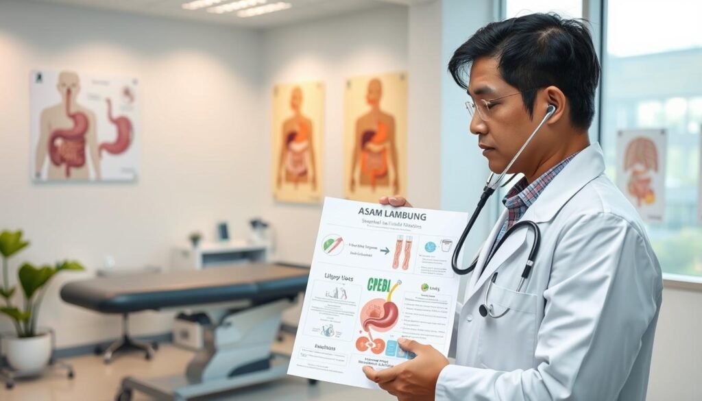A medical professional, dressed in a crisp white lab coat, is carefully examining a medical chart depicting symptoms of "asam lambung" (stomach acid problems) in a well-lit, modern clinic. In the foreground, the doctor is using a stethoscope, focused on the chart filled with diagrams and patient notes. The middle layer features a sleek examination table and medical equipment like an endoscope and blood tests, symbolizing diagnostic procedures. The background showcases calming colors with anatomical posters of the digestive system on the walls. Soft, natural light filters through large windows, creating a professional yet warm atmosphere, highlighting the importance of accurate diagnosis in effective medical care.
