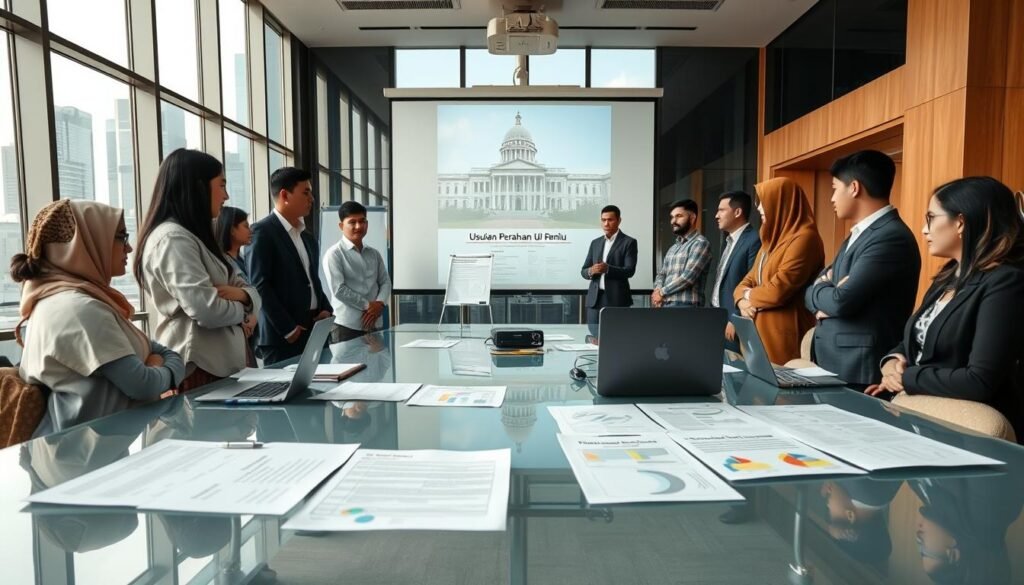 A modern conference room filled with diverse professionals engaged in a serious discussion about electoral law reform. In the foreground, a group of three individuals stands around a sleek, glass table covered with documents and a laptop, showcasing charts and drafts related to "Usulan Perubahan UU Pemilu." In the middle ground, a large whiteboard displays key points and illustrations of proposed changes, while a projector casts an image of a legislative building. The background features large windows with city skyscrapers and natural light flooding the room, enhancing the atmosphere of collaboration and determination. Use a wide-angle lens to capture the entire scene, highlighting the focus and urgency of the discussion, with a calm yet intense mood. A modern conference room filled with diverse professionals engaged in a serious discussion about electoral law reform. In the foreground, a group of three individuals stands around a sleek, glass table covered with documents and a laptop, showcasing charts and drafts related to "Usulan Perubahan UU Pemilu." In the middle ground, a large whiteboard displays key points and illustrations of proposed changes, while a projector casts an image of a legislative building. The background features large windows with city skyscrapers and natural light flooding the room, enhancing the atmosphere of collaboration and determination. Use a wide-angle lens to capture the entire scene, highlighting the focus and urgency of the discussion, with a calm yet intense mood.