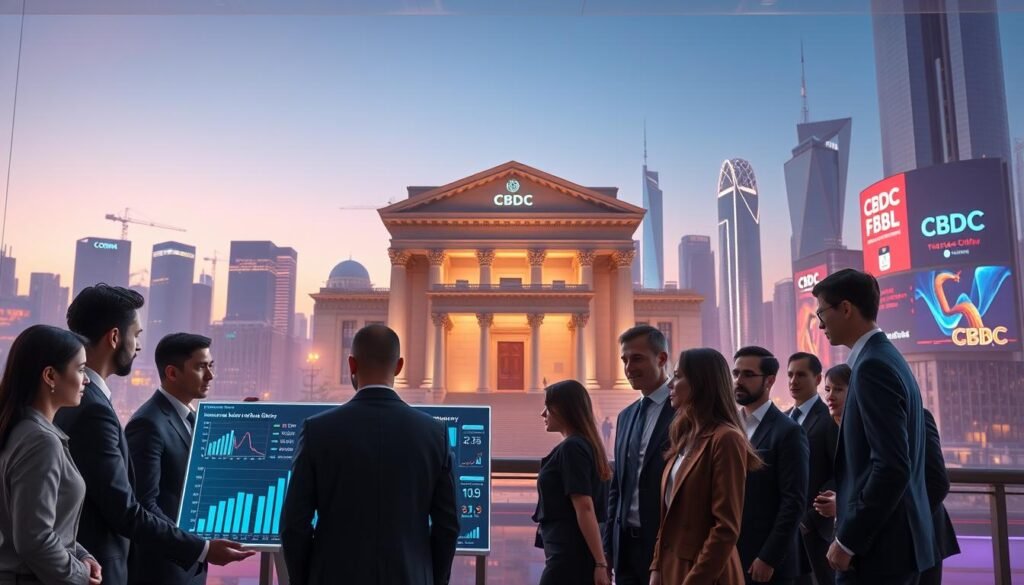 A modern financial hub illustrating the implementation of Central Bank Digital Currency (CBDC). In the foreground, a diverse group of business professionals, dressed in smart business attire, gather around a sleek digital display showcasing graphs and data related to CBDC. The middle section features an iconic bank building with digital elements integrated into its architecture, symbolizing the shift towards digital currency. The background should depict a futuristic city skyline at dusk, illuminated by soft, ambient lighting, with vibrant digital billboards promoting the CBDC. The overall mood is dynamic and optimistic, highlighting innovation and technological advancement in the financial sector. Use a wide-angle lens for depth and clarity. A modern financial hub illustrating the implementation of Central Bank Digital Currency (CBDC). In the foreground, a diverse group of business professionals, dressed in smart business attire, gather around a sleek digital display showcasing graphs and data related to CBDC. The middle section features an iconic bank building with digital elements integrated into its architecture, symbolizing the shift towards digital currency. The background should depict a futuristic city skyline at dusk, illuminated by soft, ambient lighting, with vibrant digital billboards promoting the CBDC. The overall mood is dynamic and optimistic, highlighting innovation and technological advancement in the financial sector. Use a wide-angle lens for depth and clarity.