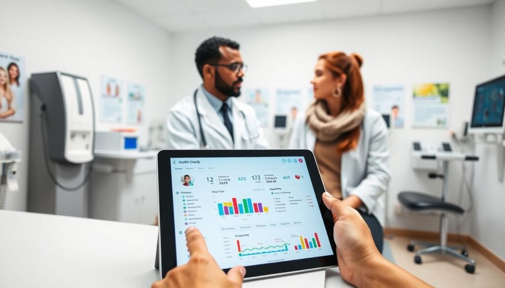 A modern health check application interface displayed on a sleek tablet in a bright, well-lit examination room. In the foreground, the tablet screen shows a user-friendly health assessment dashboard with colorful graphs and icons representing various health metrics. In the middle ground, a healthcare professional, dressed in a white lab coat and smart attire, is engaged in a discussion with a patient, who is casually dressed but looks attentive and engaged. In the background, the walls are adorned with health-related posters, and various medical equipment can be seen, creating a clean and professional atmosphere. The lighting is bright and inviting, enhancing the sense of trust and well-being in the environment, captured from a slightly elevated angle to include both the tablet and the interaction.