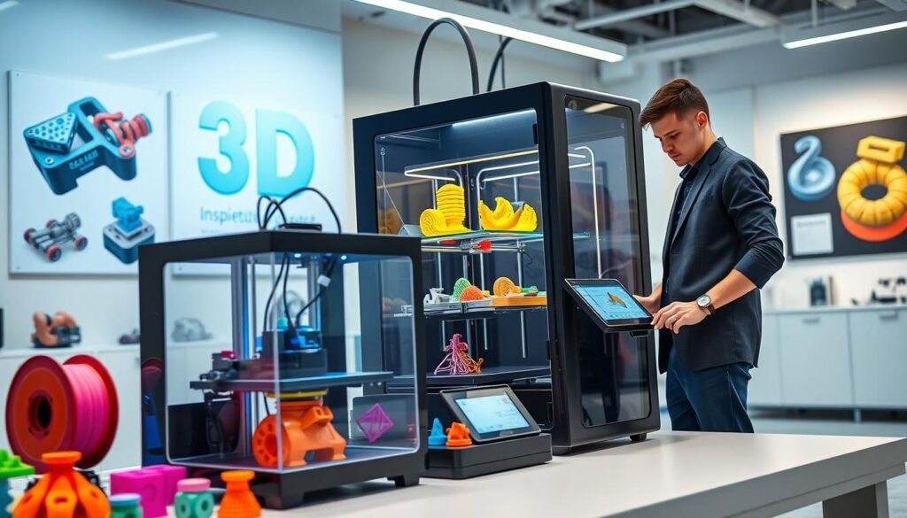 A modern, high-tech 3D printing setup showcased in a sleek, futuristic workspace. In the foreground, a state-of-the-art 3D printer is bustling with activity, featuring intricate details of vibrant, multi-material printing happening in real-time. Colorful filament spools are neatly arranged nearby, while a professional operator, dressed in smart casual attire, carefully monitors the printing process on an advanced touchscreen display. The middle layer reveals a variety of innovative 3D printed objects, including prototypes and complex structures, highlighting the versatility of the technology. The background is slightly blurred, featuring inspirational posters of 3D designs and a clean, organized laboratory environment with modern lighting that casts a bright, inviting glow, evoking a sense of cutting-edge innovation and creativity. A modern, high-tech 3D printing setup showcased in a sleek, futuristic workspace. In the foreground, a state-of-the-art 3D printer is bustling with activity, featuring intricate details of vibrant, multi-material printing happening in real-time. Colorful filament spools are neatly arranged nearby, while a professional operator, dressed in smart casual attire, carefully monitors the printing process on an advanced touchscreen display. The middle layer reveals a variety of innovative 3D printed objects, including prototypes and complex structures, highlighting the versatility of the technology. The background is slightly blurred, featuring inspirational posters of 3D designs and a clean, organized laboratory environment with modern lighting that casts a bright, inviting glow, evoking a sense of cutting-edge innovation and creativity.