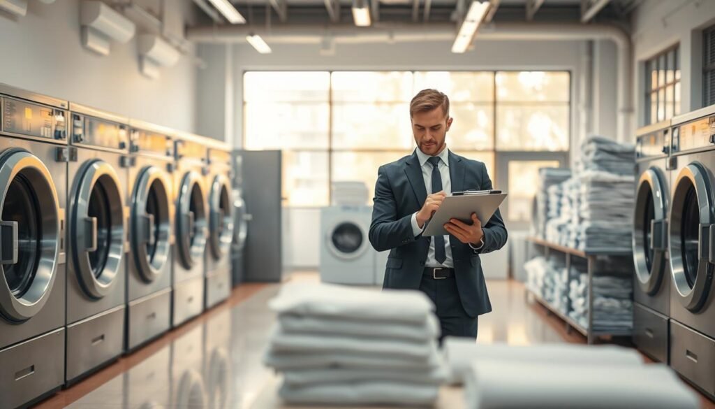 A modern laundry facility bustling with activity, showcasing a clean and organized workspace. In the foreground, two professional-looking individuals in business attire are engaged in discussion over a clipboards and a laptop, symbolizing the planning phase of a laundry business. The middle ground features state-of-the-art washing machines and neatly stacked piles of freshly laundered clothes, reflecting efficiency and quality. The background includes large windows letting in warm, natural light, enhancing the inviting atmosphere. The overall mood is one of optimism and professionalism, with a focus on entrepreneurship and teamwork, highlighting the initial steps of launching a kilo laundry service. Use a soft focus effect to create depth while maintaining clarity on the main subjects.