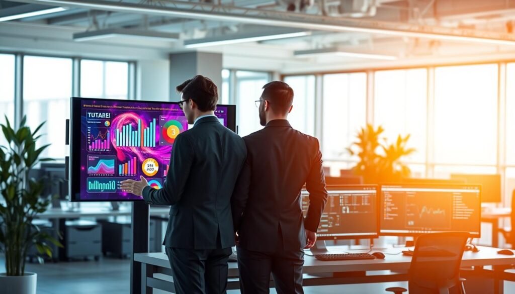 A modern office environment showcasing the concept of tool testing automation, featuring three distinct testing tools: Mabl, Applitools, and BlinqIO. In the foreground, a diverse team of three professionals in smart business attire collaborates over a large digital touchscreen displaying vibrant data visualizations and graphs related to automation metrics. The middle ground features a sleek workstation equipped with multiple monitors displaying the logos and user interfaces of the three tools in action. The background shows a bright, airy office space with large windows letting in natural light, creating a productive and innovative atmosphere. The scene is illuminated with soft, modern lighting, enhancing the futuristic feel of automation technology. The overall mood is one of efficiency, collaboration, and technological advancement.