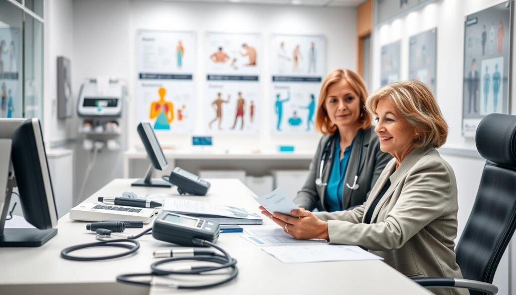 A modern, professional health clinic setting with a variety of health checks in progress. Foreground: a confident, middle-aged woman in a professional outfit sitting at a consultation desk, reviewing health reports with a healthcare professional in a lab coat. Middle: a visually appealing display of various medical equipment and health check materials, such as a stethoscope, blood pressure monitor, and healthy lifestyle brochures. Background: a bright, well-lit clinic room with medical posters illustrating different types of health examinations, creating an informative atmosphere. Use soft, inviting lighting to enhance the atmosphere of care and attention. The composition should convey a sense of professionalism and health awareness.