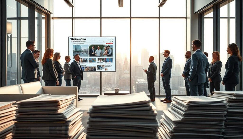 A modern, professional office space showcasing a digital-first approach to news consumption. In the foreground, a diverse group of individuals, dressed in smart business attire, are engaged in discussions around a large touchscreen display that shows a digital interface of The Guardian's latest headlines and articles. The middle ground features sleek, minimalist furniture and a large window revealing a bustling cityscape bathed in soft, natural light, implying a vibrant digital environment. The background highlights stacks of printed newspapers neatly arranged, symbolizing the evolution from traditional to digital media. The overall atmosphere is dynamic and forward-thinking, reflecting innovation and accessibility in journalism. The image is bright and inviting, encouraging a sense of connection with the digital world.