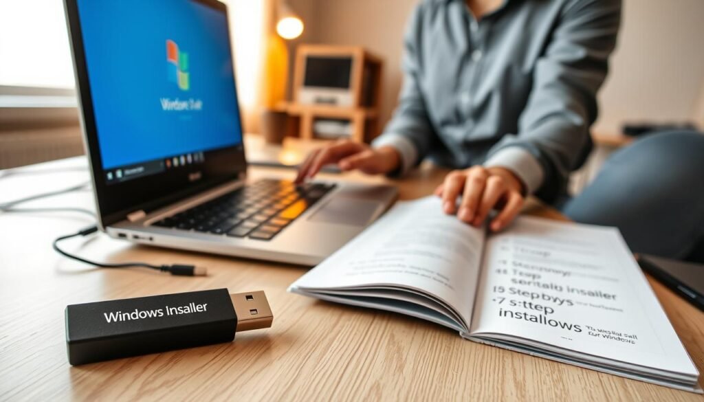 A modern, well-lit workspace, featuring a clean desk with a laptop displaying the Windows installation screen. In the foreground, a USB flash drive labeled clearly as "Windows Installer" sits next to the laptop, with an open installation guide showing step-by-step instructions in a professional layout. In the middle ground, a pair of hands in smart casual attire is carefully navigating the laptop's touchpad, emphasizing focus and determination. The background shows a warm and inviting ambiance, with soft lighting and a few tech gadgets. The overall atmosphere conveys a sense of clarity and readiness for the task of reinstalling Windows, targeting beginners with a feeling of encouragement and support. A modern, well-lit workspace, featuring a clean desk with a laptop displaying the Windows installation screen. In the foreground, a USB flash drive labeled clearly as "Windows Installer" sits next to the laptop, with an open installation guide showing step-by-step instructions in a professional layout. In the middle ground, a pair of hands in smart casual attire is carefully navigating the laptop's touchpad, emphasizing focus and determination. The background shows a warm and inviting ambiance, with soft lighting and a few tech gadgets. The overall atmosphere conveys a sense of clarity and readiness for the task of reinstalling Windows, targeting beginners with a feeling of encouragement and support.
