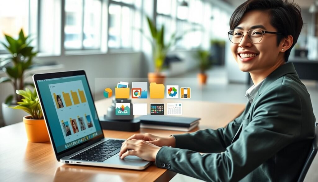 A modern workspace featuring a young professional in smart casual attire, sitting at a sleek desk with a laptop open. The foreground shows a cheerful expression on their face as they organize digital files, dragging and dropping images and documents into neat folders on the screen. In the middle, a variety of colorful digital folders and media files are visually represented, symbolizing cleanliness and organization. The background displays a well-lit office space with large windows allowing natural light to pour in, creating a bright and inviting atmosphere. Soft shadows enhance the depth of the scene, while a few green plants add a touch of freshness, reflecting a productive and efficient environment focused on digital decluttering.