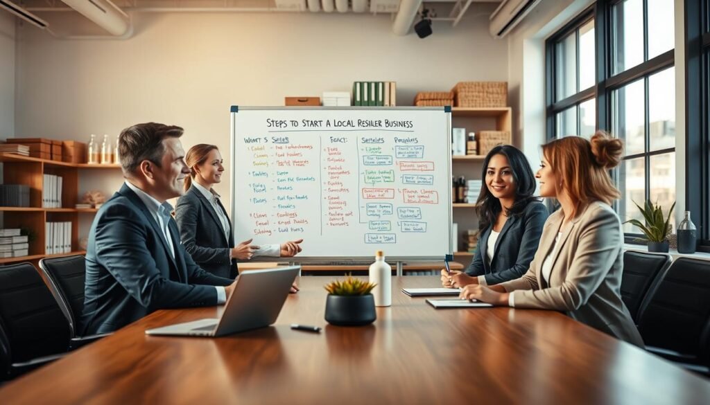 A professional and inspiring setup in a bright, well-lit office environment. Foreground features a diverse group of three individuals, a man and two women, engaged in a productive discussion around a wooden conference table, each wearing smart casual business attire. Middle layer reveals a whiteboard filled with colorful diagrams and bullet points illustrating "steps to start a local reseller business." Background showcases shelves filled with local products, creating a sense of entrepreneurship and community support. Soft natural light from large windows casts warm hues, enhancing the atmosphere of collaboration and innovation. The camera angle is slightly elevated, providing a comprehensive view of the scene, evoking a mood of motivation and professionalism.
