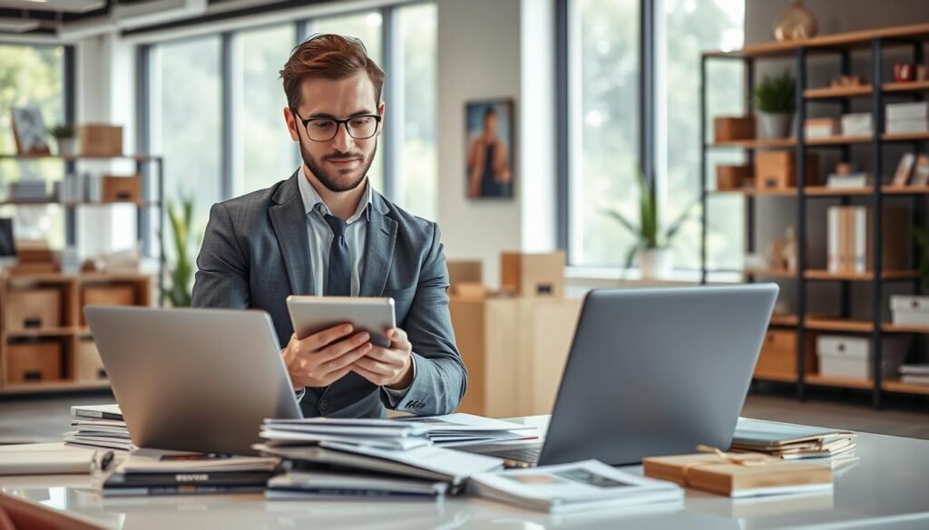 A professional dropshipping supplier in a modern office setting, showcasing a focused, confident businessperson in professional attire. The foreground features the individual reviewing product samples and discussing logistics using a laptop and smartphone. In the middle, a stylish desk is cluttered with product catalogs and shipping materials, while sleek shelving behind displays various items available for dropshipping. The background shows a bright, well-lit office with large windows and greenery visible outside, creating a positive and inviting atmosphere. Use natural lighting to emphasize the professionalism, with a slight lens blur on the background to draw focus on the supplier. Capture a mood of success and dedication, reflecting the essence of a trustworthy partnership in the online business world. A professional dropshipping supplier in a modern office setting, showcasing a focused, confident businessperson in professional attire. The foreground features the individual reviewing product samples and discussing logistics using a laptop and smartphone. In the middle, a stylish desk is cluttered with product catalogs and shipping materials, while sleek shelving behind displays various items available for dropshipping. The background shows a bright, well-lit office with large windows and greenery visible outside, creating a positive and inviting atmosphere. Use natural lighting to emphasize the professionalism, with a slight lens blur on the background to draw focus on the supplier. Capture a mood of success and dedication, reflecting the essence of a trustworthy partnership in the online business world.