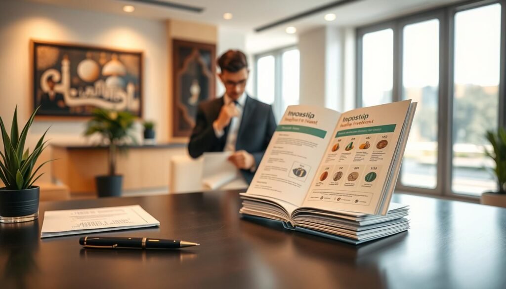 A serene and inviting bank office interior that symbolizes "deposito syariah." In the foreground, showcase a modern desk with a few financial documents neatly arranged, alongside an elegant pen and a small potted plant. The middle ground features a well-dressed professional in business attire, thoughtfully examining a brochure depicting various Islamic investment options. The background includes large windows with soft, natural light illuminating the space, creating a warm and welcoming atmosphere. The walls are adorned with tasteful art that reflects Islamic design, adding cultural depth. Use a soft focus effect to create a calming ambiance, emphasizing a sense of trust and professionalism in financial investment.