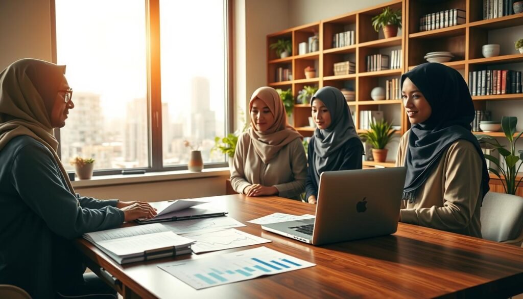 A serene and professional setting showcasing Islamic finance principles. In the foreground, a diverse group of three business professionals in modest attire is discussing investment options on a sleek wooden table with financial documents, stock market charts, and a laptop open displaying an investment platform focused on long-term Sharia-compliant strategies. In the middle ground, a large window reveals a sunny cityscape, symbolizing growth and opportunity. The background features bookshelves filled with Islamic finance literature and potted plants that enhance the ambiance. Use soft, warm natural lighting to create an inviting atmosphere, capturing a sense of collaboration and investment foresight. The angle should be slightly elevated to encompass both the subjects and the thematic details.