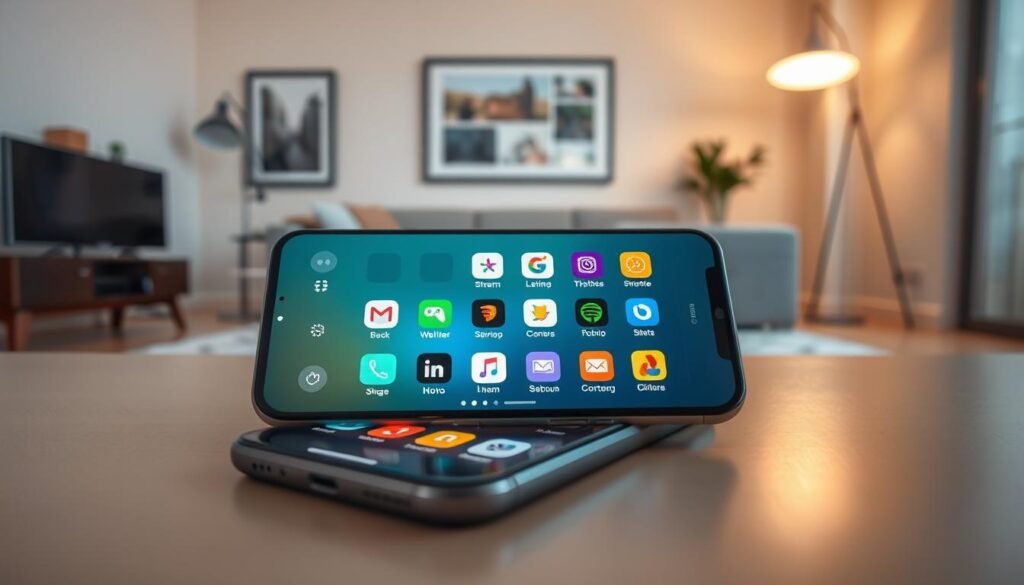 A sleek smartphone centered in the foreground, showcasing its vibrant display surrounded by colorful icons representing various entertainment apps like streaming, gaming, and social media. In the middle ground, a modern living room scene featuring a stylish coffee table and a cozy couch, enhancing the idea of an optimal entertainment setup. The background reveals a softly lit room with warm ambient lighting, reflecting a comfortable atmosphere perfect for relaxation. An elegant floor lamp casts a gentle glow, highlighting the smartphone's screen and creating an inviting mood. The image should be captured from a slightly elevated angle, emphasizing the smartphone as the focal point while giving depth to the surroundings. A sleek smartphone centered in the foreground, showcasing its vibrant display surrounded by colorful icons representing various entertainment apps like streaming, gaming, and social media. In the middle ground, a modern living room scene featuring a stylish coffee table and a cozy couch, enhancing the idea of an optimal entertainment setup. The background reveals a softly lit room with warm ambient lighting, reflecting a comfortable atmosphere perfect for relaxation. An elegant floor lamp casts a gentle glow, highlighting the smartphone's screen and creating an inviting mood. The image should be captured from a slightly elevated angle, emphasizing the smartphone as the focal point while giving depth to the surroundings.