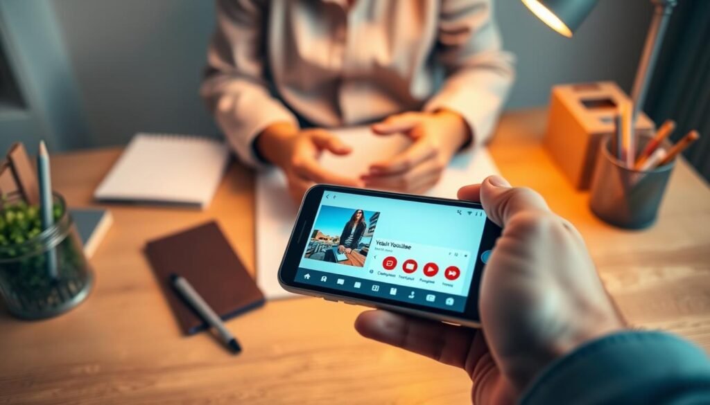 A smartphone displaying the YouTube app interface, showcasing the process of uploading a video. In the foreground, the phone screen is prominent, showing a brightly colored, user-friendly layout with recognizable YouTube icons and buttons. In the middle ground, a pair of hands, dressed in smart casual attire, are gently holding the phone, indicating user interaction. The background features a softly blurred study environment with a clean desk, some stationery, and warm lighting that evokes a focused and inviting atmosphere. The image should convey a sense of ease and accessibility, highlighting the simplicity of uploading videos through the YouTube app. The angle should capture the phone and hands at eye level, creating an engaging and relatable perspective.