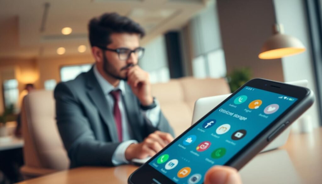 A smartphone displaying various popular app icons, such as social media, utility, and gaming apps, prominently in the foreground. The phone's screen should show a vibrant and organized interface, with suggestions for optimizing storage, like clearing cache and managing downloads. In the middle ground, a person in professional attire is depicted thoughtfully analyzing the phone, with a focused expression, seated at a stylish workspace with a laptop and notepad. The background features a modern office environment, softly blurred to emphasize the subject. Soft, warm lighting bathes the scene, creating an inviting atmosphere. The overall mood is one of productivity and organization, encapsulating the essence of optimizing app usage to manage phone memory effectively.