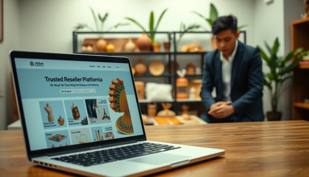 A vibrant and engaging digital workspace showcasing a trusted reseller platform in Indonesia. In the foreground, a laptop is open displaying a user-friendly website interface for product resale, emphasizing local craftsmanship and diversity. To the side, a person dressed in smart casual attire is focused on their screen, reflecting professionalism and enthusiasm. The middle ground features neatly organized products, including traditional Indonesian crafts, showcasing their cultural richness and appeal. In the background, soft lighting creates a warm, inviting atmosphere, with greenery subtly placed to suggest a sense of growth and community. The scene is shot from a slightly elevated angle, adding depth and inviting viewers to imagine themselves in this entrepreneurial space.
