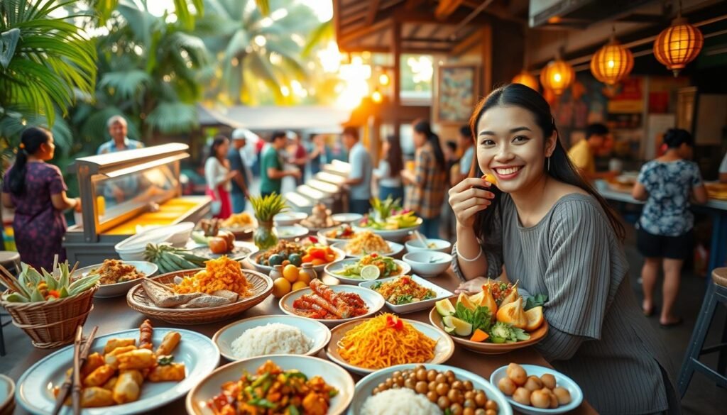 A vibrant and inviting Indonesian food scene showcasing an assortment of viral street foods. In the foreground, a wooden table laden with colorful dishes, including satay skewers, vibrant nasi goreng, assorted dim sums, and fresh tropical fruits. A cheerful young woman, dressed in modest casual attire, happily tasting a spicy dish while looking at the camera. In the middle ground, a bustling street food market, with vendors serving fresh meals and smiling patrons enjoying their food. In the background, tropical greenery and traditional Indonesian architecture, bathed in warm, soft golden hour lighting, creating a cheerful and inviting atmosphere. The angle should be slightly elevated, capturing the energy and richness of the culinary experience without any distractions.