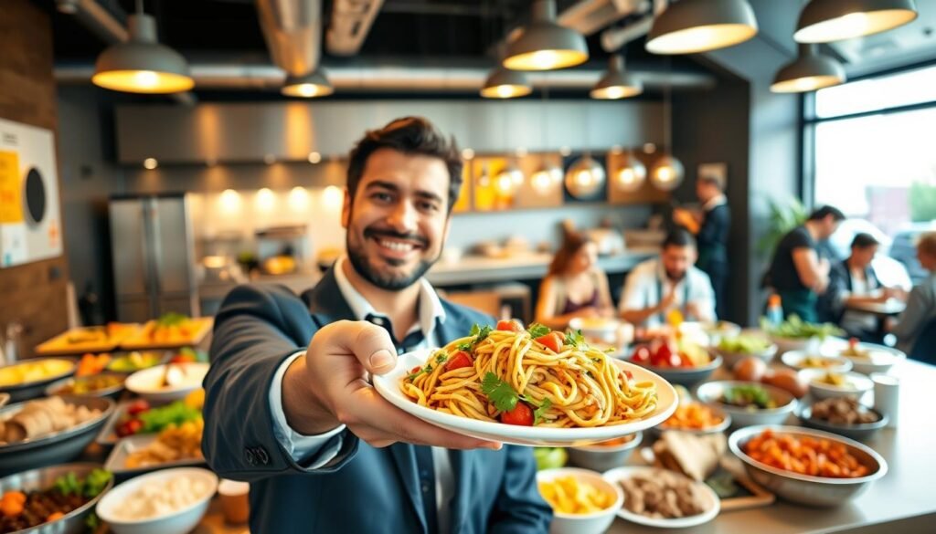 A vibrant and inviting food franchise setting, showcasing a diverse range of delicious, colorful dishes. In the foreground, a smiling entrepreneur, dressed in professional business attire, confidently presents a dish to the camera, symbolizing the success of a food franchise. In the middle, an open kitchen is bustling with activity, displaying chefs preparing meals, highlighting teamwork and efficiency. The background features a cozy dining area filled with happy customers enjoying their meals, with bright, warm lighting creating a welcoming atmosphere. The scene is captured from a slight angle to emphasize depth and movement, suggesting a thriving business environment full of opportunity and optimism. The overall mood is energetic and positive, illustrating the potential of food franchise as a lucrative business opportunity. A vibrant and inviting food franchise setting, showcasing a diverse range of delicious, colorful dishes. In the foreground, a smiling entrepreneur, dressed in professional business attire, confidently presents a dish to the camera, symbolizing the success of a food franchise. In the middle, an open kitchen is bustling with activity, displaying chefs preparing meals, highlighting teamwork and efficiency. The background features a cozy dining area filled with happy customers enjoying their meals, with bright, warm lighting creating a welcoming atmosphere. The scene is captured from a slight angle to emphasize depth and movement, suggesting a thriving business environment full of opportunity and optimism. The overall mood is energetic and positive, illustrating the potential of food franchise as a lucrative business opportunity.