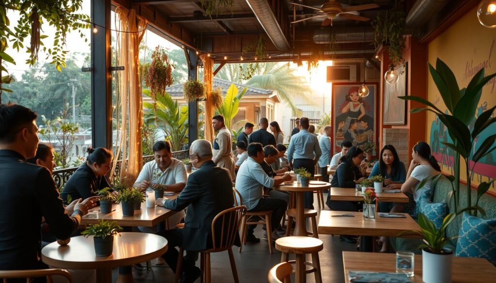 A vibrant and unique dining spot in Jakarta, featuring an artistic open-air atmosphere with colorful decor and eclectic furniture. In the foreground, a cozy seating area with stylish tables adorned with plants and fairy lights, inviting patrons to unwind. The middle ground showcases diverse groups of people enjoying their meals, dressed in professional and modest casual attire, engaged in lively conversations. The background reveals lush greenery and themed wall art, hinting at a blend of traditional Indonesian and modern influences. Soft, warm lighting creates an inviting ambiance as the golden hour sunlight filters through, casting a gentle glow over the scene. Capture a dynamic angle that highlights the space's lively energy, perfect for illustrating a unique culinary experience.