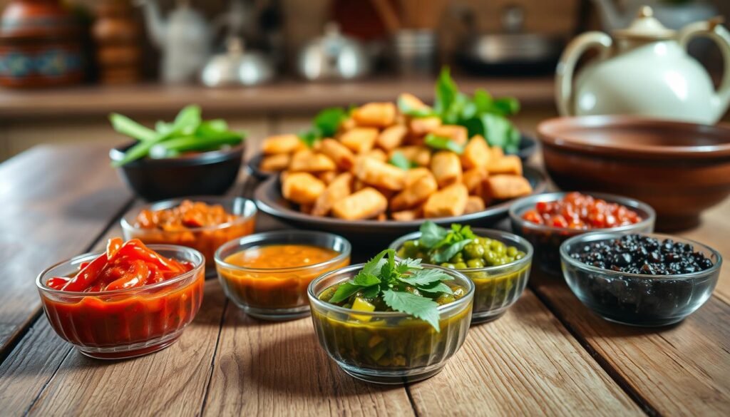 A vibrant arrangement of various Indonesian sambals showcased on a rustic wooden table. In the foreground, focus on several small bowls filled with colorful sambals—bright red chili sambal, green sambal made from green chilies, and a rich, dark sambal terasi, garnished with fresh herbs. The middle layer features an assortment of traditional Indonesian side dishes, like grilled shrimp and fried tofu, complementing the sambals. In the background, softly blurred kitchen settings with Indonesian crockery add warmth to the scene. Illuminate the image with natural daylight, creating a warm and inviting atmosphere, while using a slightly angled perspective to draw the viewer’s eye towards the delicious sambal selection, evoking a feeling of culinary excitement and indulgence.