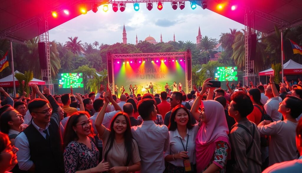 A vibrant concert scene set in a large outdoor venue in Indonesia, showcasing a diverse crowd of enthusiastic fans enjoying a multi-genre international music festival. In the foreground, a mix of individuals dressed in professional business attire and modest casual clothing dance and cheer, their faces illuminated by colorful stage lights. In the center, an international band is performing, featuring musicians playing various instruments, surrounded by dramatic lighting and a dynamic stage setup. The background features lush tropical greenery and iconic Indonesian landmarks, creating a vivid sense of place. Use warm, dynamic lighting to evoke excitement and a festive atmosphere. Capture the scene from a slightly elevated angle to convey the energy of the crowd and the scale of the event, ensuring the image feels lively and engaging.