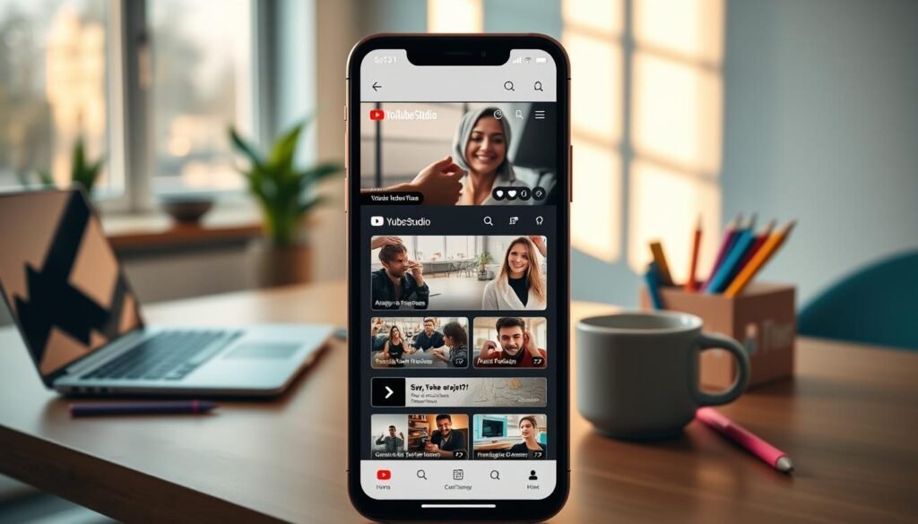 A vibrant digital workspace featuring the YouTube Studio application displayed prominently on a mobile device. In the foreground, the smartphone shows the user interface of YouTube Studio, including video upload options, analytics graphs, and engaging thumbnails. In the middle ground, a modern desk with a sleek laptop, colorful stationery, and a warm coffee mug creates a cozy yet productive atmosphere. The background features a well-lit room with soft, natural daylight coming through a window, casting gentle shadows. This setting conveys a sense of ease and creativity, inviting users to explore video uploading. The mood is motivational and inspiring, encouraging users to engage with content creation seamlessly and effectively.