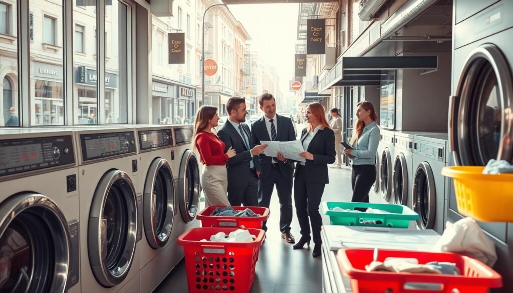 A vibrant laundry business setting in an urban environment. In the foreground, a clean and modern laundry space features various sizes of washing machines and drying machines, neatly arranged with colorful laundry baskets filled with freshly washed clothes. In the middle ground, a professional team in business casual attire engages in strategic discussions about location selection, with charts and maps spread on a table. The background showcases a bustling street view, hinting at foot traffic with potential customers, along with nearby stores and cafes. The scene is brightly lit with natural sunlight streaming through large windows, creating a warm and inviting atmosphere, captured from a slightly elevated angle to provide depth and perspective.