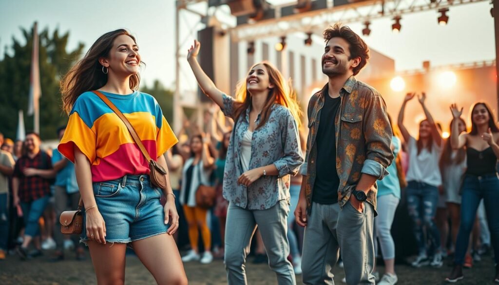 A vibrant outdoor concert scene featuring a diverse group of young adults dressed in stylish, comfortable outfits suitable for a music festival. In the foreground, a woman wears a colorful oversized t-shirt paired with high-waisted denim shorts, accessorized with a chic crossbody bag and trendy sneakers. A man beside her sports a lightweight, patterned shirt with rolled-up sleeves and comfortable joggers. In the middle ground, an enthusiastic crowd enjoys live music, hands raised, with joyful expressions. The background reveals a stage illuminated by bright lights, creating an inviting festival atmosphere. The setting is during the golden hour, casting a warm glow over the scene, enhancing the lively and engaging mood. The composition captures the essence of enjoying music in a casual, fashionable way.
