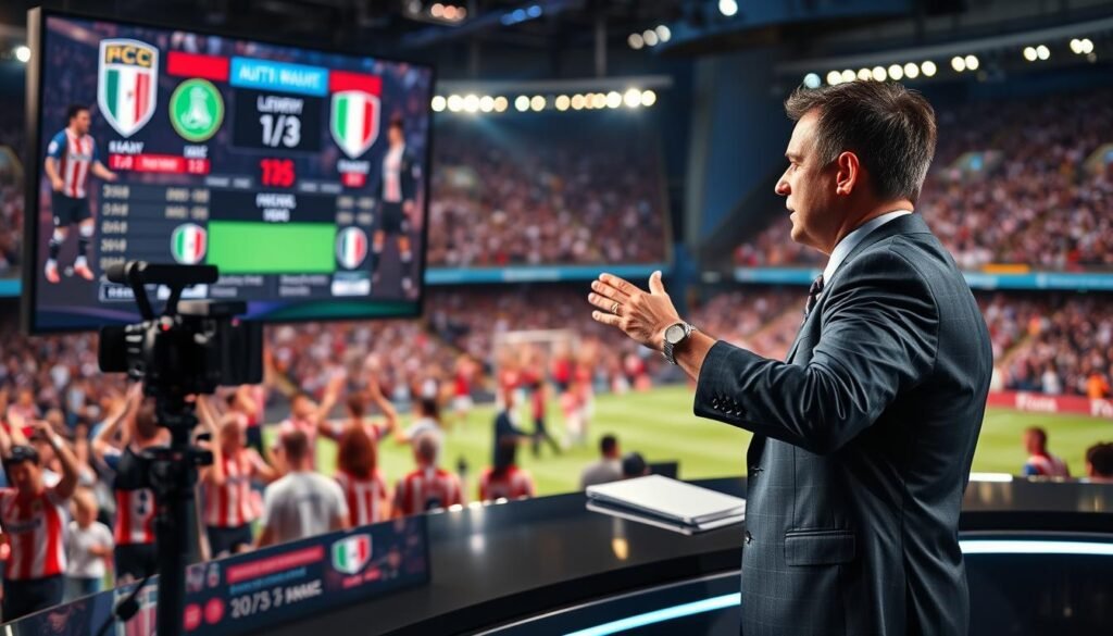 A vibrant scene capturing the excitement of a live Italian League football broadcast. In the foreground, a dynamic sports anchor in smart, professional attire passionately discussing the match, gesturing towards a large screen displaying live scores and team logos. The middle ground includes a state-of-the-art broadcast studio equipped with cameras and digital displays, reflecting a high-energy atmosphere. In the background, a blurred view of a packed stadium, where fans in team jerseys cheer enthusiastically. Soft, dramatic lighting highlights the anchor and the screen, creating a lively and engaging ambiance, evoking the thrill of football. Focus on clarity and detail to draw viewers into the action of the Italian football league. A vibrant scene capturing the excitement of a live Italian League football broadcast. In the foreground, a dynamic sports anchor in smart, professional attire passionately discussing the match, gesturing towards a large screen displaying live scores and team logos. The middle ground includes a state-of-the-art broadcast studio equipped with cameras and digital displays, reflecting a high-energy atmosphere. In the background, a blurred view of a packed stadium, where fans in team jerseys cheer enthusiastically. Soft, dramatic lighting highlights the anchor and the screen, creating a lively and engaging ambiance, evoking the thrill of football. Focus on clarity and detail to draw viewers into the action of the Italian football league.