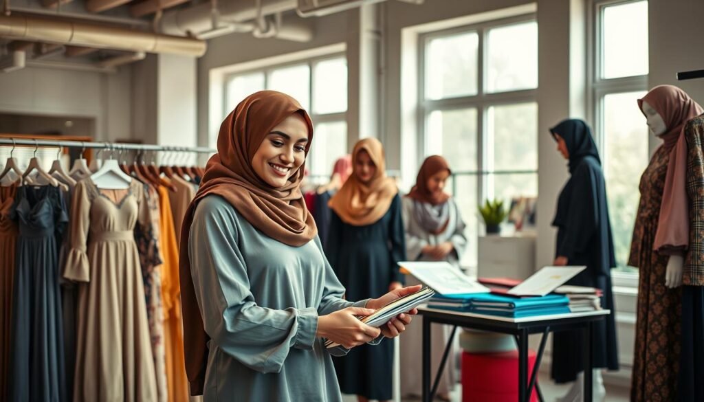 A vibrant scene showcasing a diverse group of Muslim fashion suppliers in a modern, stylish boutique setting. In the foreground, a confident woman wearing an elegant hijab and a chic modest dress examines fabric samples with a warm smile, embodying professionalism and creativity. The middle ground features racks of colorful Muslim attire, including flowing dresses, tailored abayas, and contemporary accessories, arranged aesthetically to attract customers. Soft, natural lighting filters through large windows, creating a welcoming atmosphere. In the background, subtle details like a well-organized workspace with fashion sketches and swatches enhance the scene. The overall mood is inspiring and collaborative, illustrating the fusion of tradition and modernity in Muslim fashion. A vibrant scene showcasing a diverse group of Muslim fashion suppliers in a modern, stylish boutique setting. In the foreground, a confident woman wearing an elegant hijab and a chic modest dress examines fabric samples with a warm smile, embodying professionalism and creativity. The middle ground features racks of colorful Muslim attire, including flowing dresses, tailored abayas, and contemporary accessories, arranged aesthetically to attract customers. Soft, natural lighting filters through large windows, creating a welcoming atmosphere. In the background, subtle details like a well-organized workspace with fashion sketches and swatches enhance the scene. The overall mood is inspiring and collaborative, illustrating the fusion of tradition and modernity in Muslim fashion.