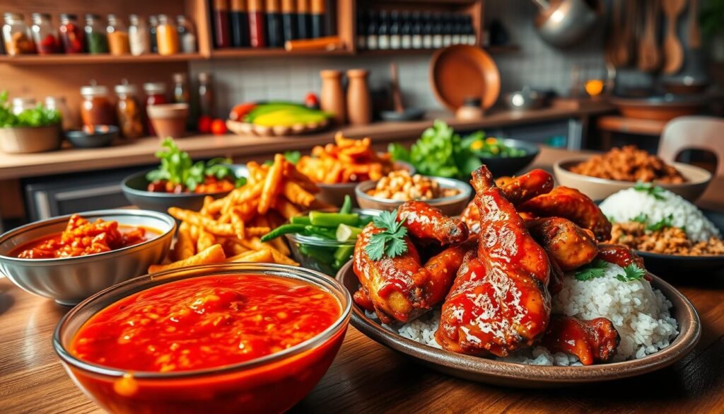 A vivid display of various spicy dishes representing different regions, arranged enticingly on a wooden dining table. In the foreground, a bowl of vibrant red sambal, glistening with chili oil, sits next to a plate of fiery chicken wings coated in a spicy glaze, garnished with fresh cilantro. The middle ground features an array of colorful side dishes, like crispy fried tempeh, spicy green chili stir-fry, and fragrant rice adorned with a sprinkle of herbs. In the background, a warm, inviting kitchen setting with rustic shelves displaying spices and traditional cooking utensils. Soft, natural lighting illuminates the scene, casting gentle shadows and enhancing the richness of the colors, evoking a mouthwatering atmosphere that celebrates the zest and diversity of regional spicy cuisine.