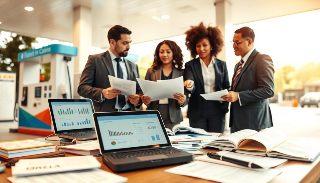 A well-lit, professional setting featuring a gas station with an emphasis on legal materials and training. In the foreground, a table is covered with an assortment of law books, legal documents, and a laptop displaying charts related to gas station management. In the middle ground, a diverse group of three individuals, dressed in professional business attire, are engaged in a discussion, pointing at the documents, indicating a serious and educational atmosphere. The background showcases the gas station's fuel pumps, emphasizing its operational aspects. The lighting is warm and inviting, simulating a productive training workshop. The angle captures the vibrant interaction among the individuals, evoking a sense of learning and legal insight related to gas station ownership.