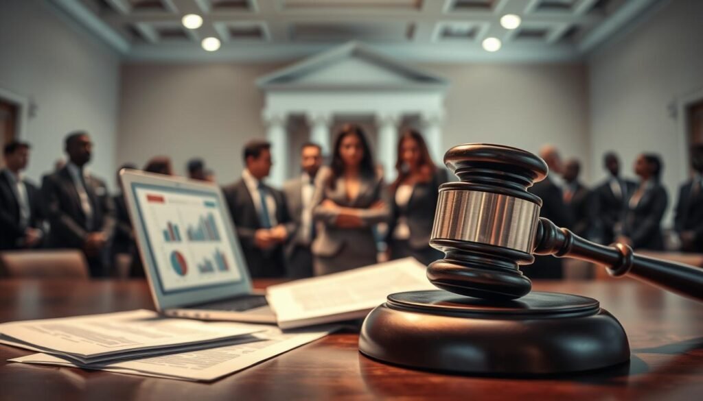 An abstract representation of legal transparency in a courtroom setting. In the foreground, a large transparent gavel symbolizes justice, surrounded by legal documents and an open laptop displaying charts and graphs. The middle layer features a diverse group of professionals in business attire, engaging in a serious discussion, with expressions of concern and determination. In the background, a blurred silhouette of a courthouse adds depth, illuminated by soft overhead lighting that creates a somber yet focused atmosphere. The overall mood is one of inquiry and accountability, highlighting the mysteries and controversies surrounding legal case handling. Use a wide-angle lens to capture the entire scene with clarity.