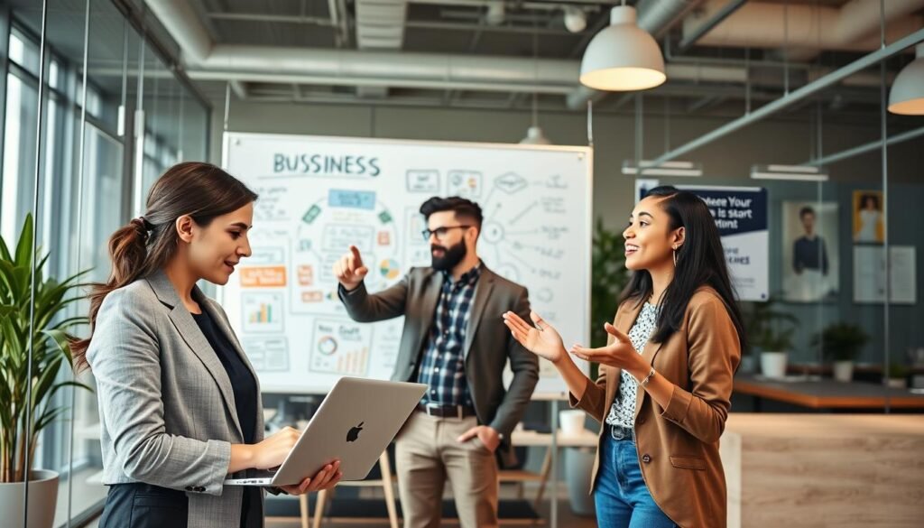 A diverse group of three professionals in a stylish, modern office setting, engaged in discussion and brainstorming. In the foreground, a woman in business attire takes notes on a laptop, displaying focus and determination. In the middle, a man in smart casual wear points toward a large, colorful whiteboard filled with business ideas and diagrams. Another woman enthusiastically gestures, conveying enthusiasm. The background features contemporary office elements like glass walls, greenery, and motivational posters. The lighting is bright and inviting, creating an atmosphere of collaboration and innovation. Capture this dynamic scene from a slightly elevated angle to provide depth and make it visually engaging, evoking a sense of aspiration and practical steps to start a business.