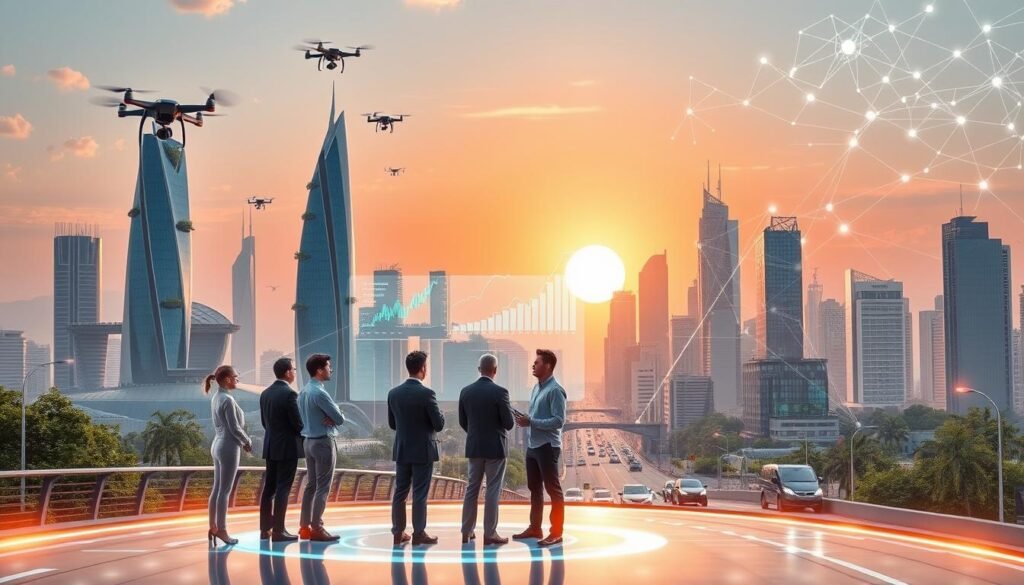 A futuristic cityscape illustrating a smart and connected world. In the foreground, a group of diverse professionals in business attire collaborate over a holographic interface displaying data and charts. The middle ground features sleek, eco-friendly skyscrapers adorned with greenery and solar panels, symbolizing sustainable technology. Drones fly overhead, while electric vehicles navigate the smart roads below. In the background, a sunset casts a warm glow over the city, with an intricate network of digital connections visualized in the sky, representing data flow and connectivity. The atmosphere is vibrant and optimistic, highlighting innovation and collaboration in a technologically advanced society. Bright, ambient lighting enhances the sense of progress and possibility. A futuristic cityscape illustrating a smart and connected world. In the foreground, a group of diverse professionals in business attire collaborate over a holographic interface displaying data and charts. The middle ground features sleek, eco-friendly skyscrapers adorned with greenery and solar panels, symbolizing sustainable technology. Drones fly overhead, while electric vehicles navigate the smart roads below. In the background, a sunset casts a warm glow over the city, with an intricate network of digital connections visualized in the sky, representing data flow and connectivity. The atmosphere is vibrant and optimistic, highlighting innovation and collaboration in a technologically advanced society. Bright, ambient lighting enhances the sense of progress and possibility.
