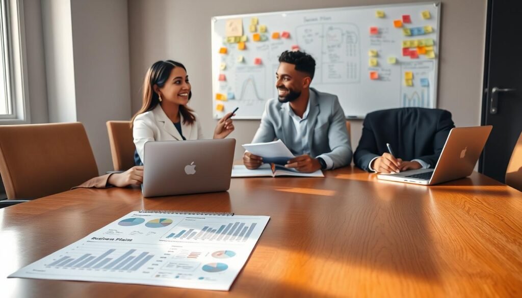 A sophisticated business planning scene featuring a diverse group of professionals seated around a polished wooden conference table. The foreground shows a detailed open business plan document filled with graphs, charts, and bold headings on the table, illuminated by soft, natural light from a nearby window. The middle ground captures two individuals—one Asian woman and one Black man—discussing ideas enthusiastically while holding pens and notepads. A laptop displaying financial projections sits to the side. In the background, a whiteboard filled with brainstorming notes and colorful sticky notes adds depth to the workspace. The atmosphere is collaborative and focused, suggesting creativity and strategic thinking in a modern office environment.