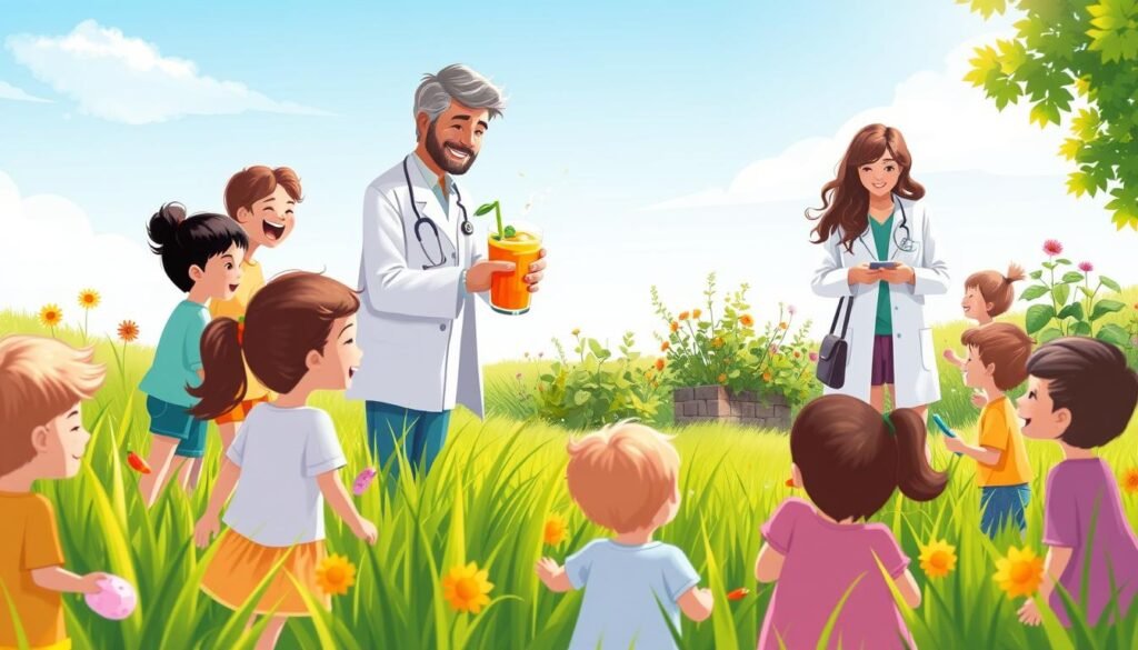 A vibrant and warm illustration depicting a supportive environment for children's immunity. In the foreground, a diverse group of children, aged 4 to 8, happily engaging in outdoor activities, surrounded by lush green grass and playful sunshine. In the middle ground, a friendly healthcare professional in a white coat offers a child a nutritious smoothie made from fruits and vegetables, symbolizing medical support. Nearby, a mother sharing a moment with her child, both enjoying a garden full of herbs and natural remedies, highlighting natural support. The background features a bright blue sky and gentle clouds, creating a cheerful and uplifting atmosphere. Soft, natural lighting enhances the scene, emphasizing health and vitality. Capture the joyous interaction and holistic approach to child health without any text or distractions. A vibrant and warm illustration depicting a supportive environment for children's immunity. In the foreground, a diverse group of children, aged 4 to 8, happily engaging in outdoor activities, surrounded by lush green grass and playful sunshine. In the middle ground, a friendly healthcare professional in a white coat offers a child a nutritious smoothie made from fruits and vegetables, symbolizing medical support. Nearby, a mother sharing a moment with her child, both enjoying a garden full of herbs and natural remedies, highlighting natural support. The background features a bright blue sky and gentle clouds, creating a cheerful and uplifting atmosphere. Soft, natural lighting enhances the scene, emphasizing health and vitality. Capture the joyous interaction and holistic approach to child health without any text or distractions.