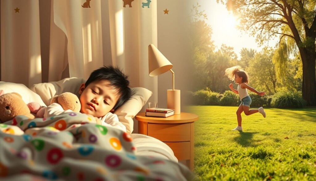 A warm, inviting scene depicting a child peacefully sleeping in a cozy bedroom, with soft natural lighting filtering through the curtains, creating a serene atmosphere. In the foreground, the child, a young Asian boy around 5 years old, is nestled under a colorful blanket, surrounded by plush toys. In the middle ground, a small bedside table holds a glass of water and a bedtime storybook. The background features cheerful wall decorations of animals and stars, enhancing the sense of calm. In another part of the image, a bright, sunny park with a child engaging in playful activities—running and jumping on a grassy field—shows the importance of being active. The overall mood conveys balance and joy, reflecting a healthy routine for children focused on sufficient sleep and active play. A warm, inviting scene depicting a child peacefully sleeping in a cozy bedroom, with soft natural lighting filtering through the curtains, creating a serene atmosphere. In the foreground, the child, a young Asian boy around 5 years old, is nestled under a colorful blanket, surrounded by plush toys. In the middle ground, a small bedside table holds a glass of water and a bedtime storybook. The background features cheerful wall decorations of animals and stars, enhancing the sense of calm. In another part of the image, a bright, sunny park with a child engaging in playful activities—running and jumping on a grassy field—shows the importance of being active. The overall mood conveys balance and joy, reflecting a healthy routine for children focused on sufficient sleep and active play.